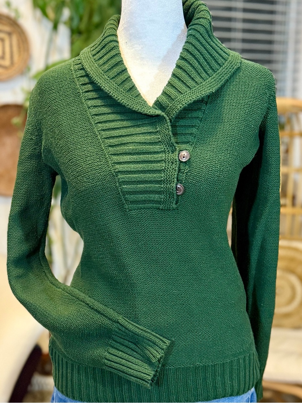 Lauren Jeans Co Ralph Lauren Sweater M Hunter Green Shawl Collar Cotton Blend - Picture 2 of 11